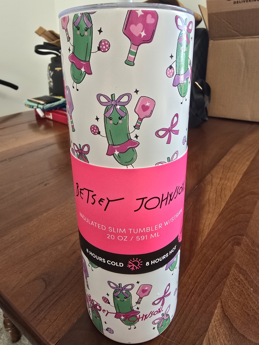 Betsey Johnson White Tumbler with Pink and Green Pickles Pattern, New with Tags